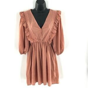 Zara‎ Embroidered Womens Puff Sleeve Ruffled Mini Dress Orange Rust Viscose 6